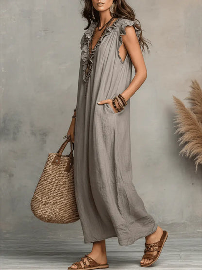 Robe Longue Femme Bohémienne en Lin et Coton - Coupe Fluide Élégante