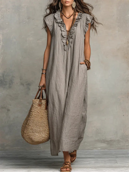 Robe Longue Femme Bohémienne en Lin et Coton - Coupe Fluide Élégante