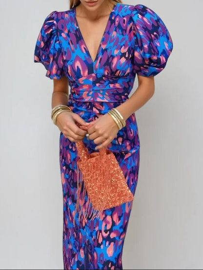 Robe Midi Élégante avec Manches Volumineuses