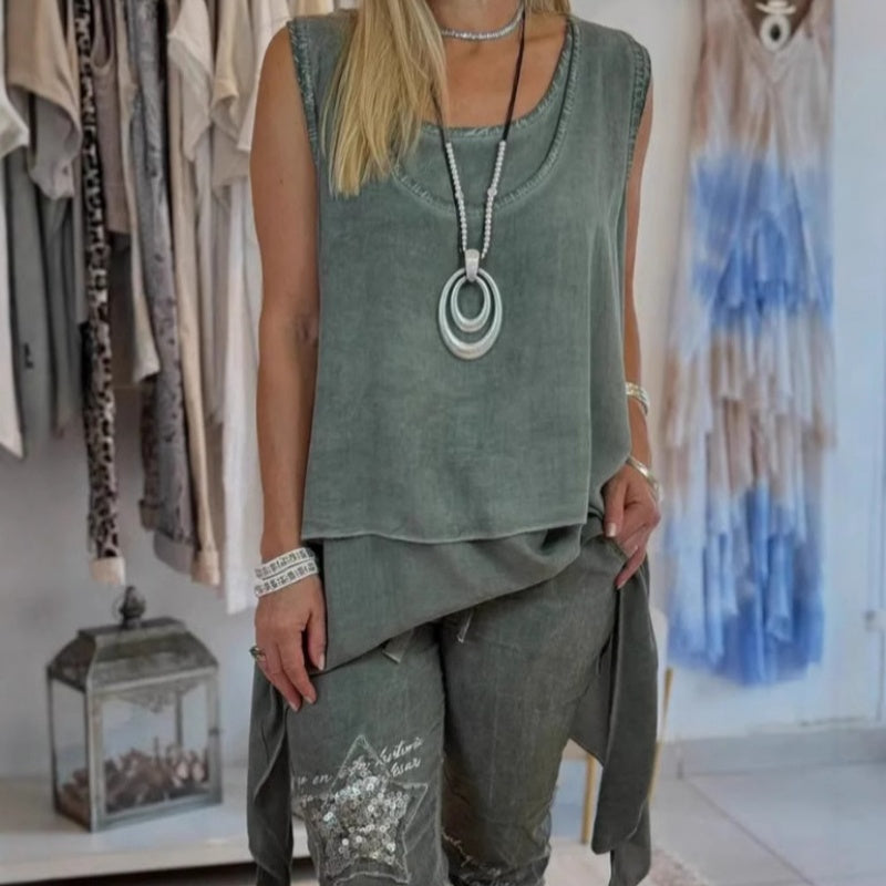 Ora - Ensemble Femme en Deux Pièces : Top Sans Manches et Pantalon Imprimé