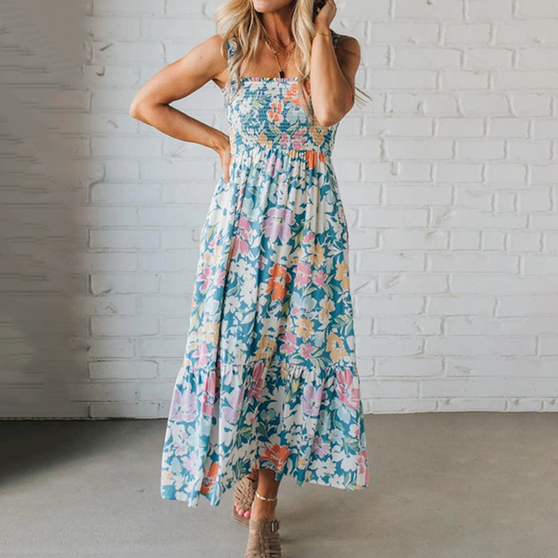 Robe Maxi Fleurie avec Corsage Froncé et Bretelles Réglables