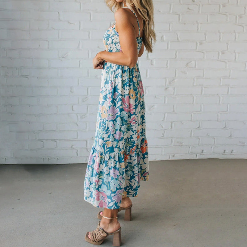 Robe Maxi Fleurie avec Corsage Froncé et Bretelles Réglables