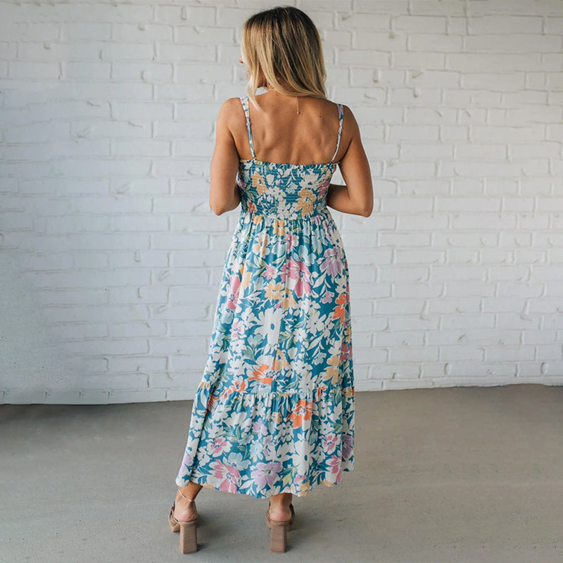 Robe Maxi Fleurie avec Corsage Froncé et Bretelles Réglables