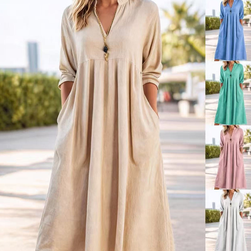 Robe Midi Fluide avec Taille Empire et Décolleté en V – Élégance Raffinée