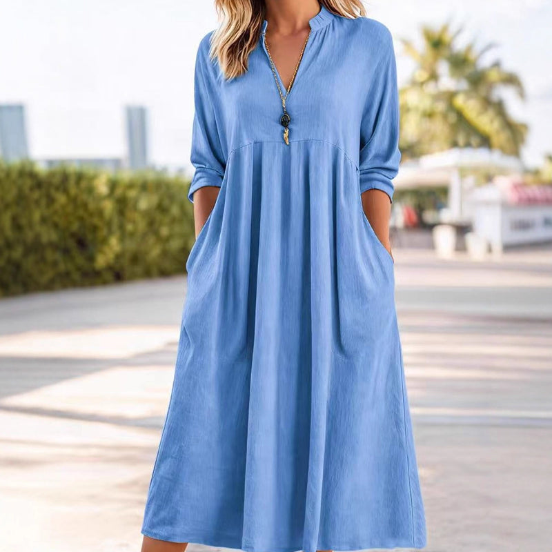 Robe Midi Fluide avec Taille Empire et Décolleté en V – Élégance Raffinée