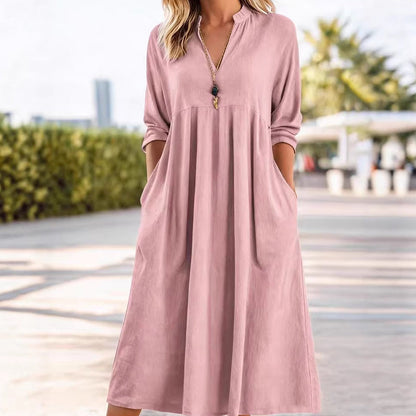 Robe Midi Fluide avec Taille Empire et Décolleté en V – Élégance Raffinée