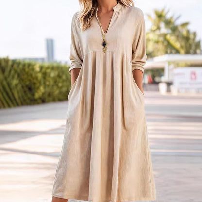 Robe Midi Fluide avec Taille Empire et Décolleté en V – Élégance Raffinée
