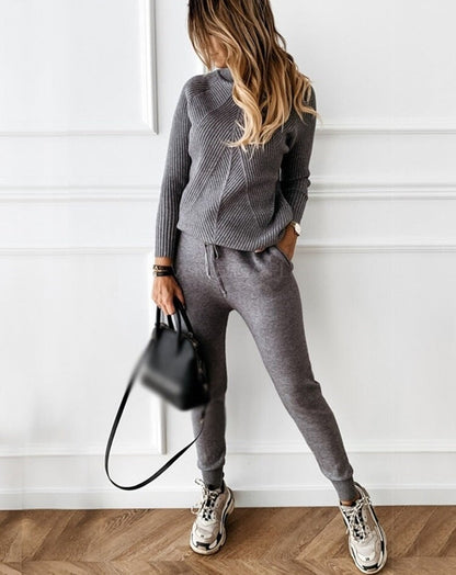 Ensemble Femme en Maille Côtelée 2 Pièces avec Pantalons et Pull